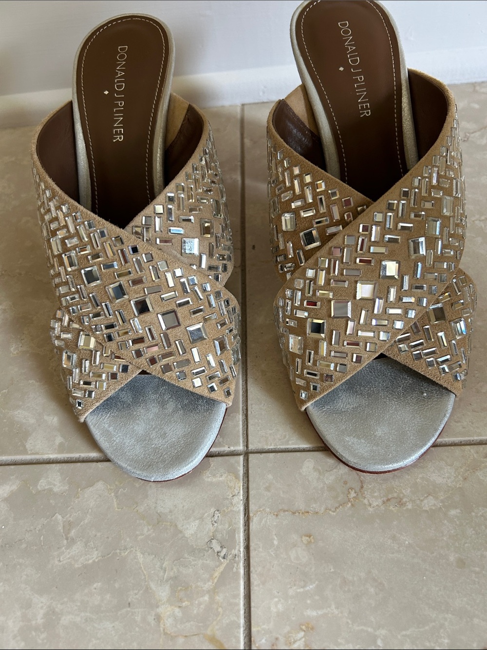 Donald J. Pliner Tan Suede Embellished Crisscross Mules